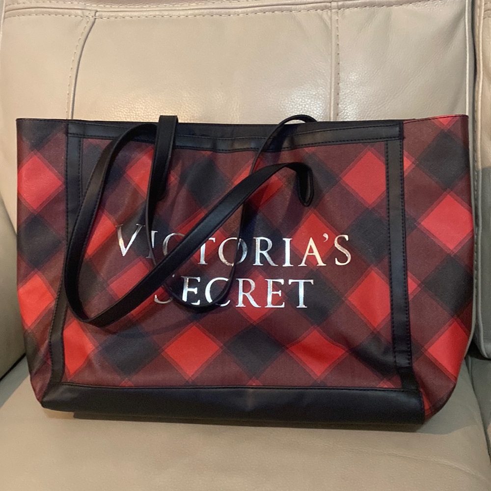 Victoria’s Secret red and black buffalo plaid tote